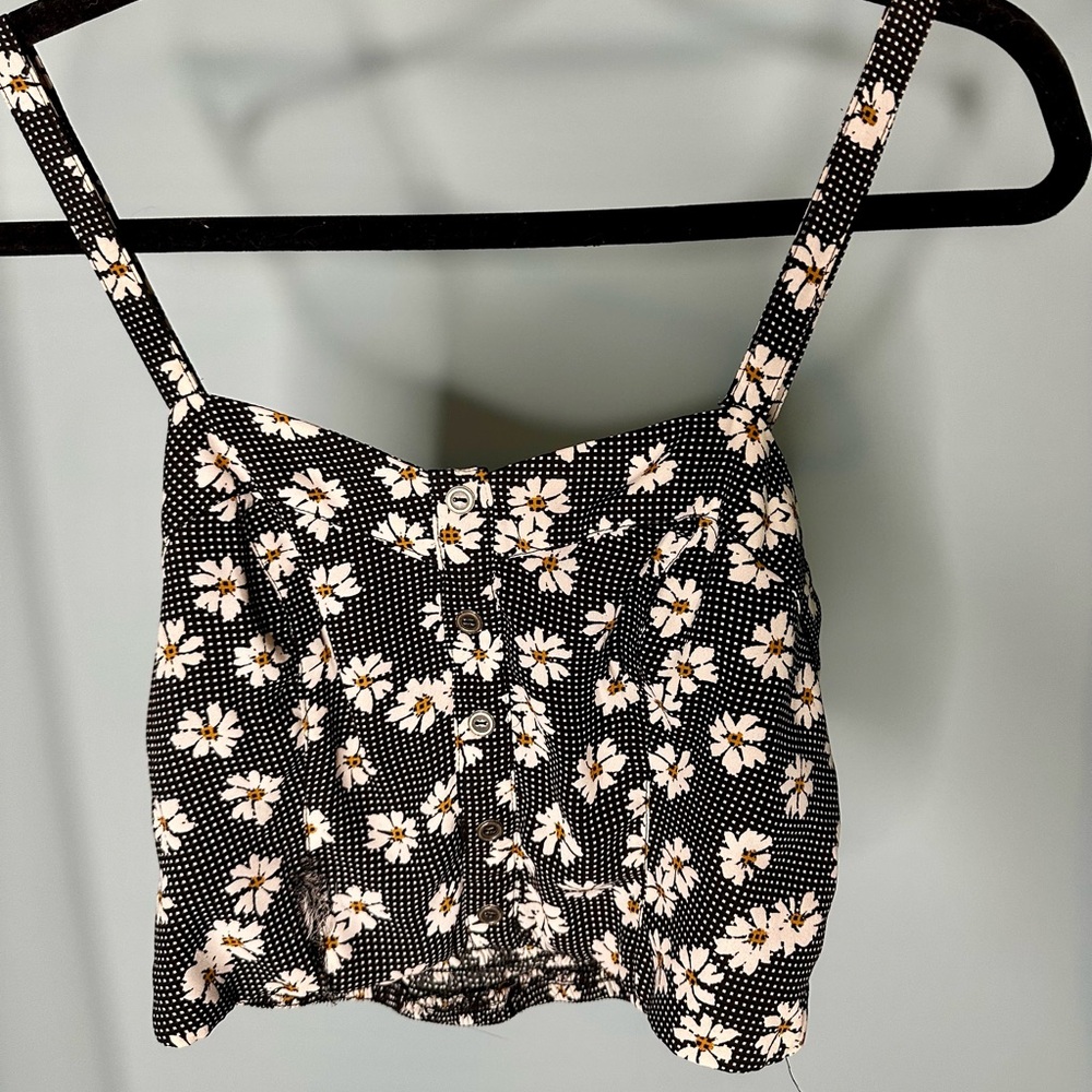 Xhilaration Black Daisy Floral Crop Top Smocked Back Size M - READ DESCRIPTION
